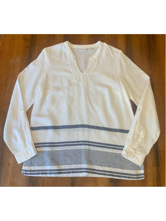 Kim Rogers Tops - Kim Rogers Top Petite Small White Blue Stripes embroidered Trim Roll up Sleeves